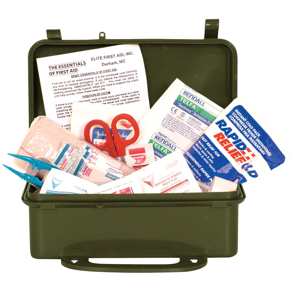 Military General Purpose First Aid Kit open with contents inside.