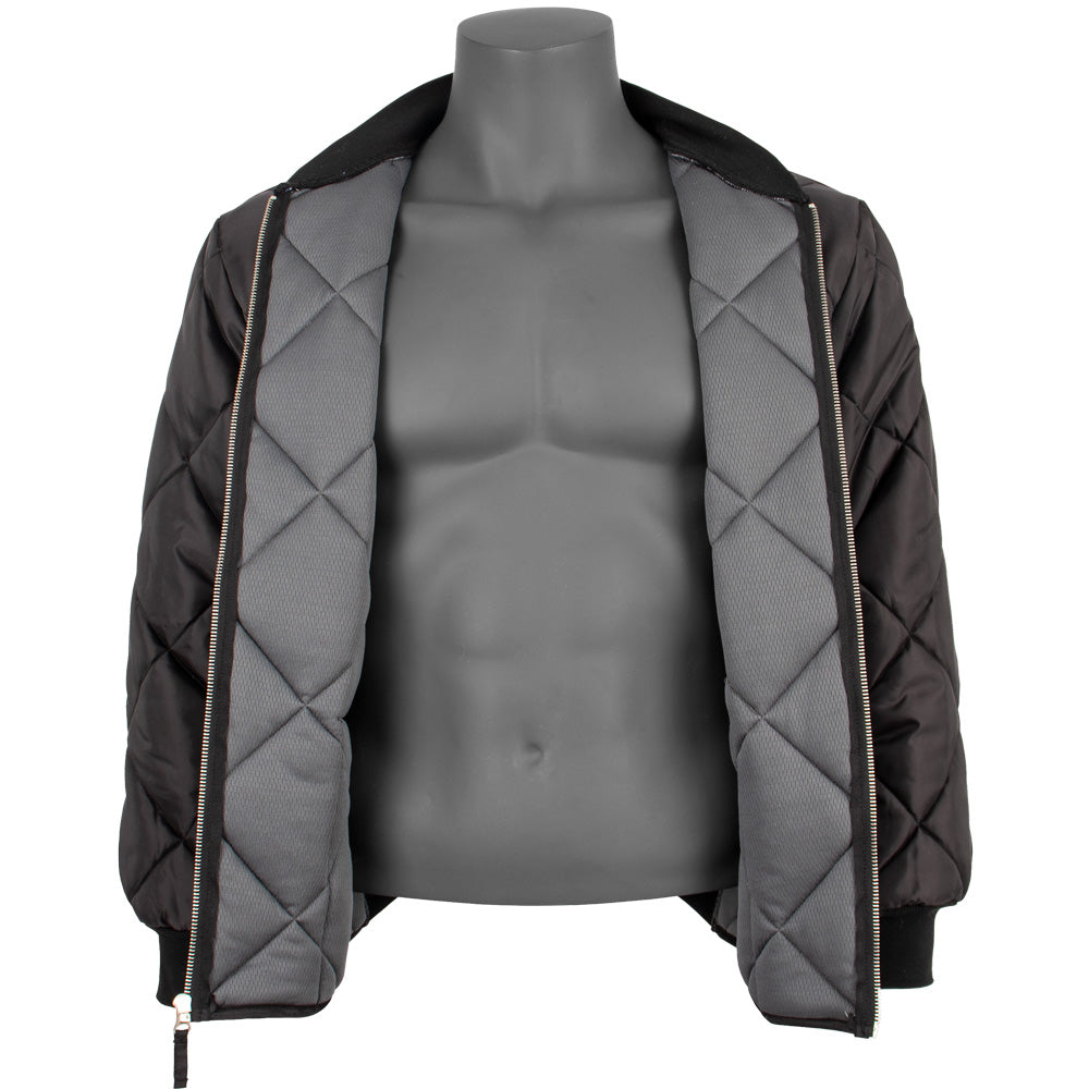 Urban Utility Jacket open showing the padded grey liner. 