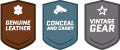 Badge indicating this product has genuine leather, a concealed carry option and in our vintage cargo gear line