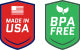 Badge indicating this product is made in the USA and is constructed of BPA free material
