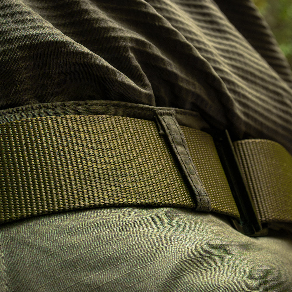 Extreme closeup of Nylon BDU Belt on a person. 