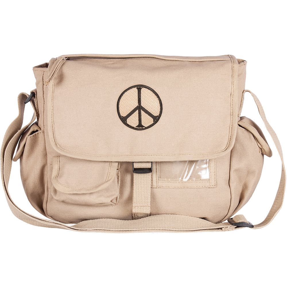 Retro Messenger Bag - Khaki Peace Sign. 43-078.