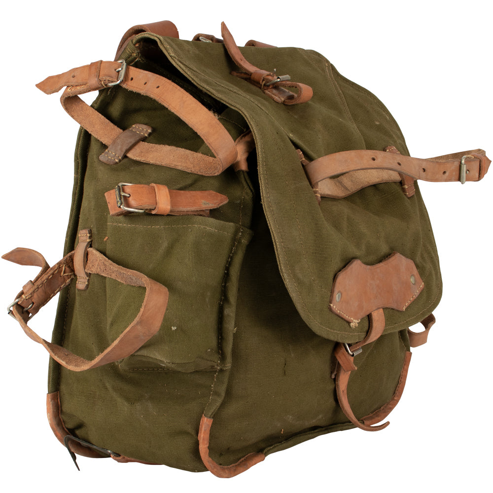Vintage Romanian Army Canvas Backpack - 18x13x5 Inches With Leather Shoulder Straps - Used Military Surplus