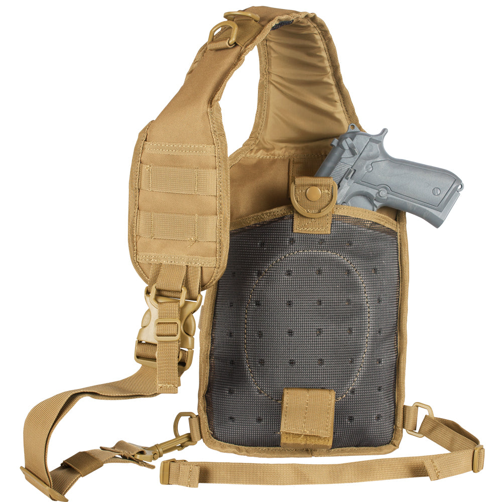 Back of Stinger Sling Pack with prop pistol in concealed carry pocket.