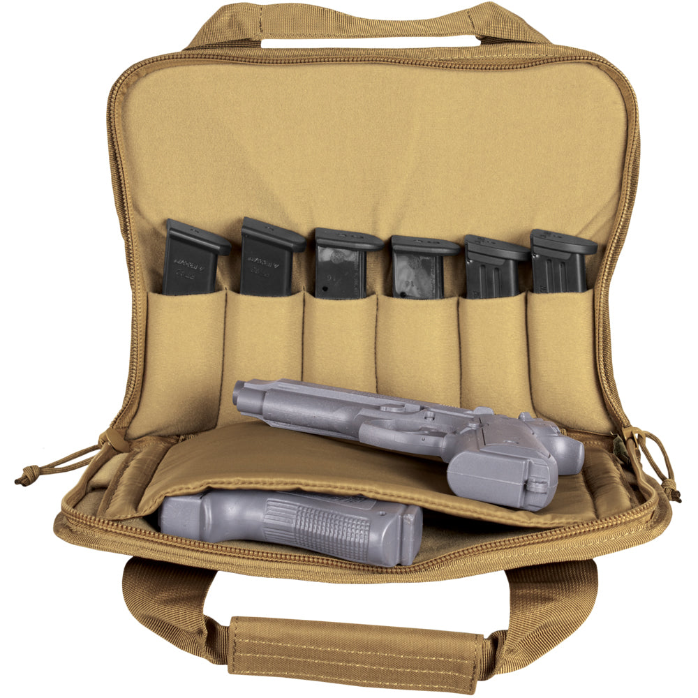 Interior of Dual Tactical Pistol Case with pistol magazines and two prop pistols inside..