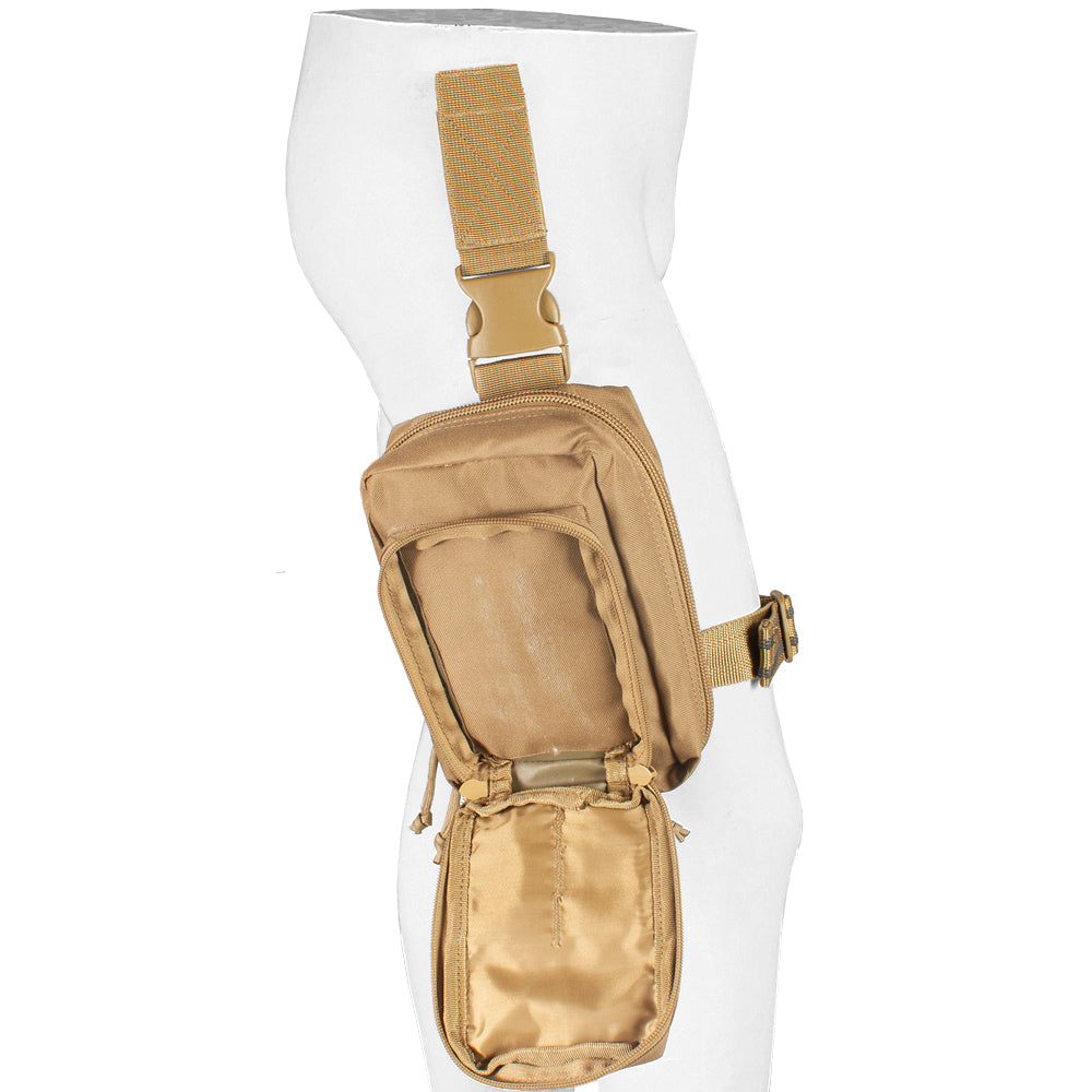 Drop Leg First Responder System Pouch on a mannequin with the front pocket open.