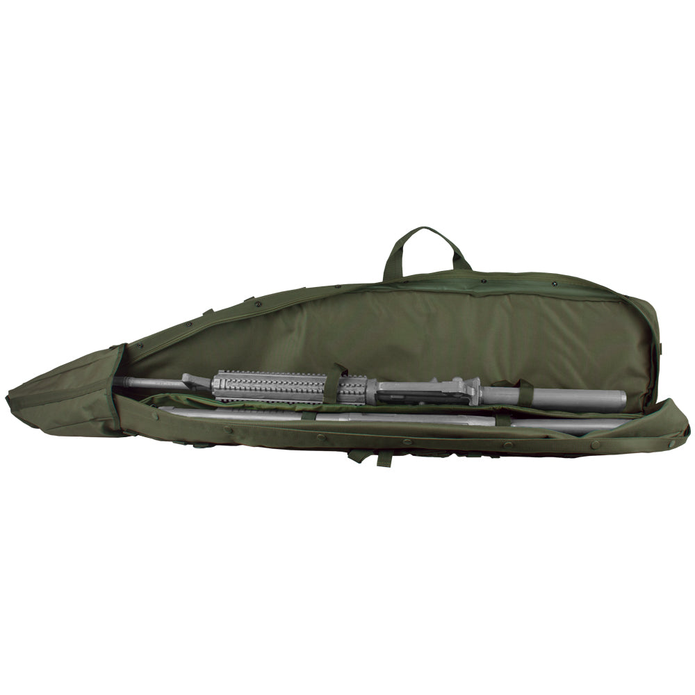 Interior of Tactical Drag Bag with two prop rifles inside.