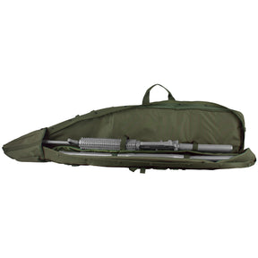 Interior of Tactical Drag Bag with two prop rifles inside. 