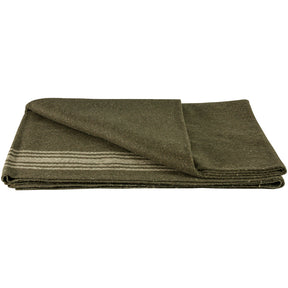 Khaki Striped Olive Drab Blanket with a folded corner.