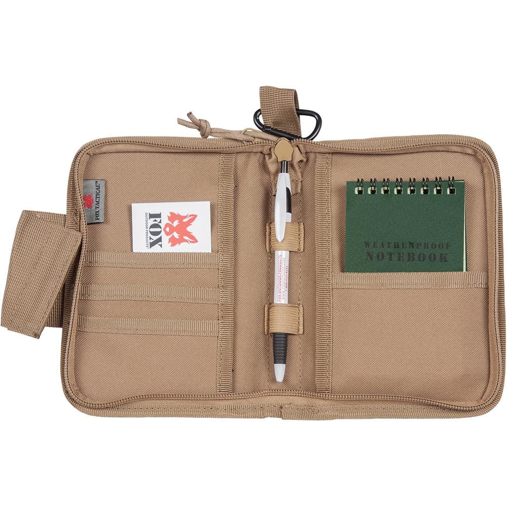 Opened Field Notebook/Organizer Case with a Weatherproof Notebook, business card and pen inside..