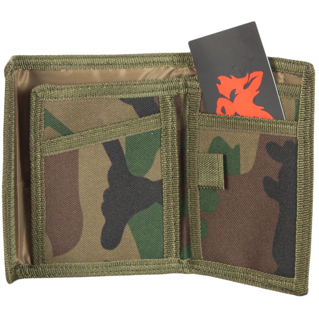 Nylon Commando Wallet open with a card inside.