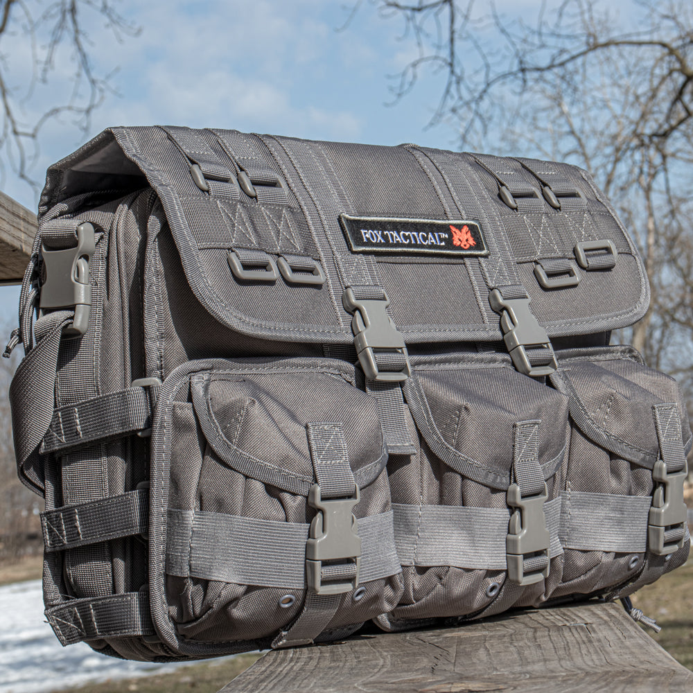 Tactical Field Briefcase on a park bench during a cold spring morning.