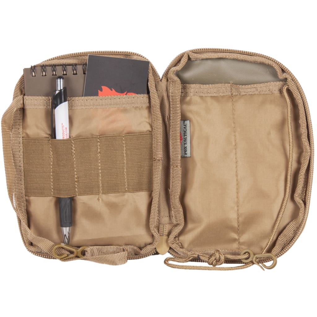 Interior of Tactical Wallet/Organizer with a Weatherproof Notebook, business card and pen inside..