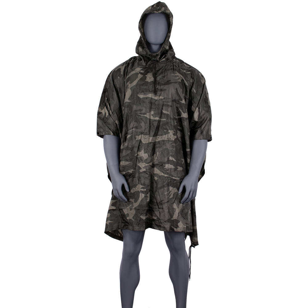 Storfisk fishing & more Ripstop outdoor rain poncho with hood and nylon  bag, side press studs and eyelets, taped seams - can also be used as an  emergency tent, colour: camouflage 