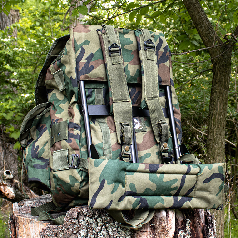 Back of Large A.L.I.C.E. Field Pack with frame sitting on a tree trunk in the woods.