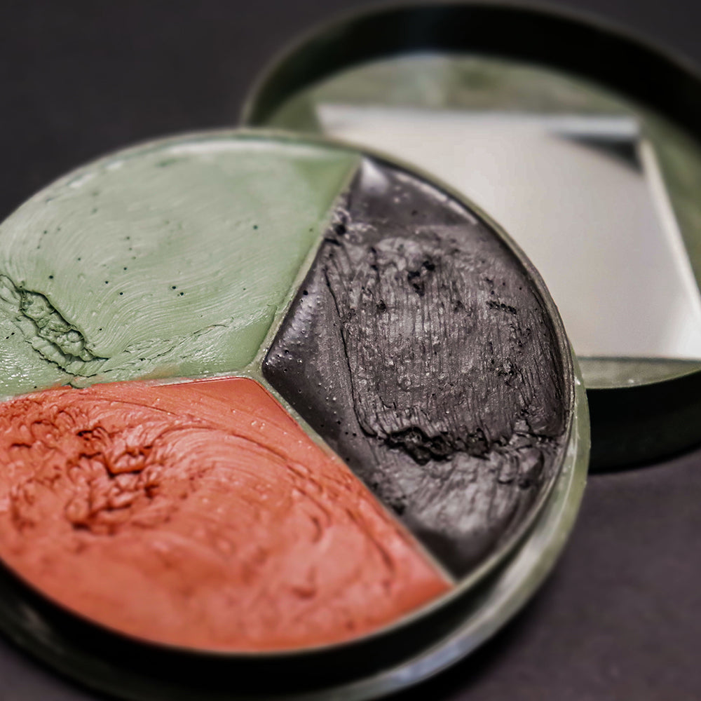 Closeup of 3-Color GI Style Face Paint Compact on a black background.