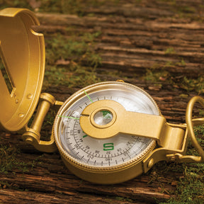 Close-up of Metal Lensatic Compass on a mossy log.