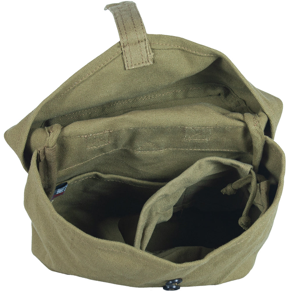 Swiss Gas Mask Bag open showing dual interior pockets.