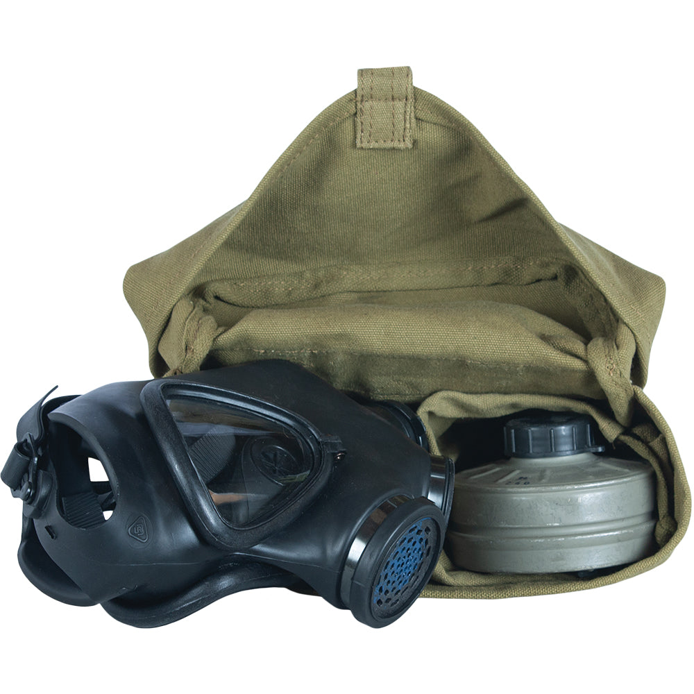 Swiss Gas Mask Bag with a gas mask and filter inside.