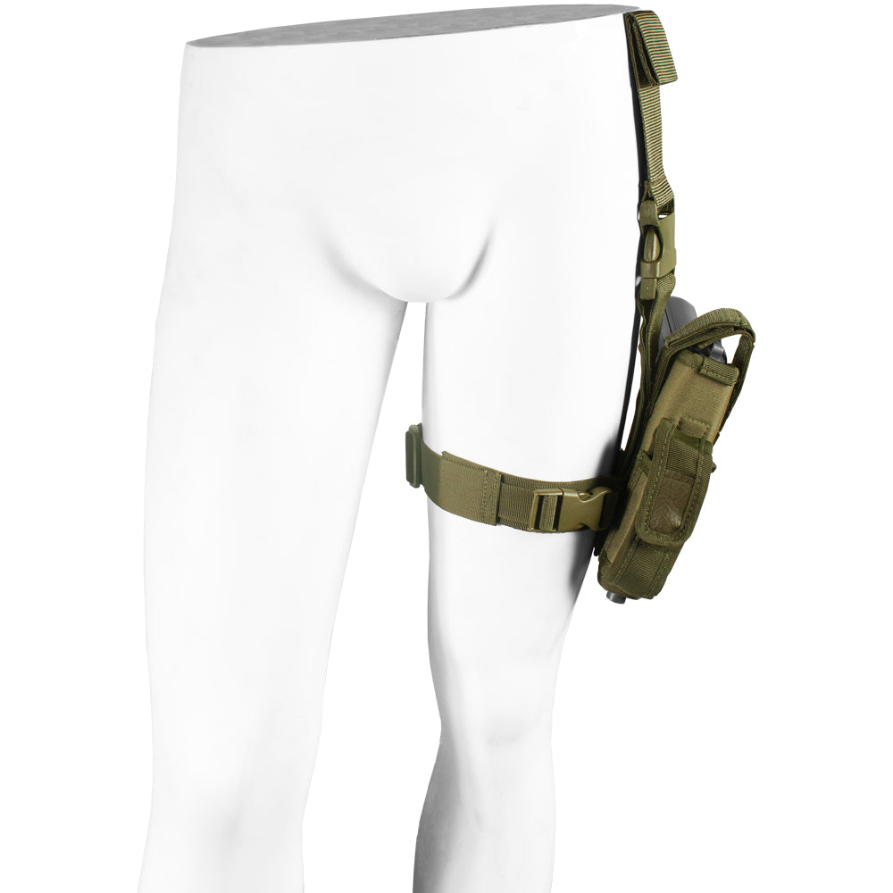 Front of left SAS Tactical Leg Holster on a mannequin. 58-005