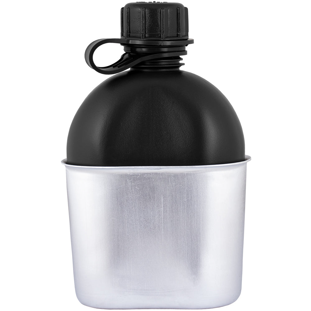1 Quart Aluminum Canteen Cup with a canteen nestled inside.