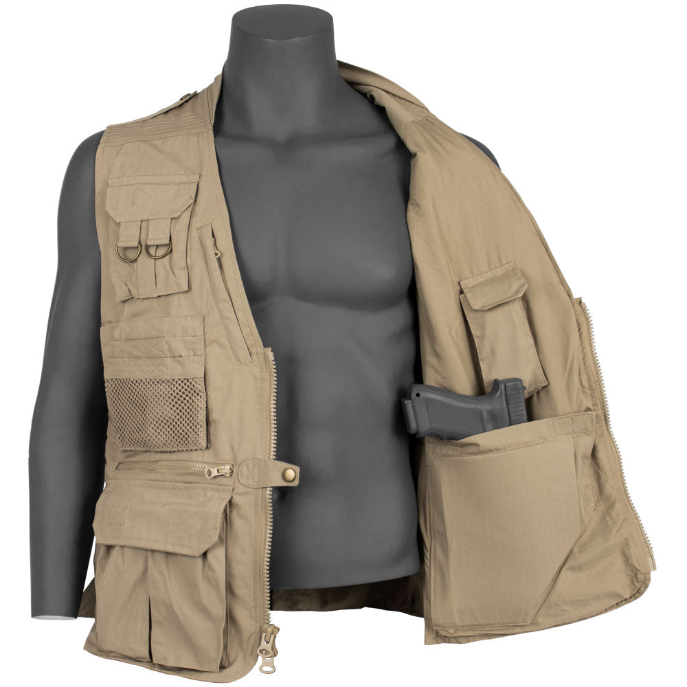 Advanced Concealed Carry Travel Vest open showing pistol inside the padded concealed carry pocket.