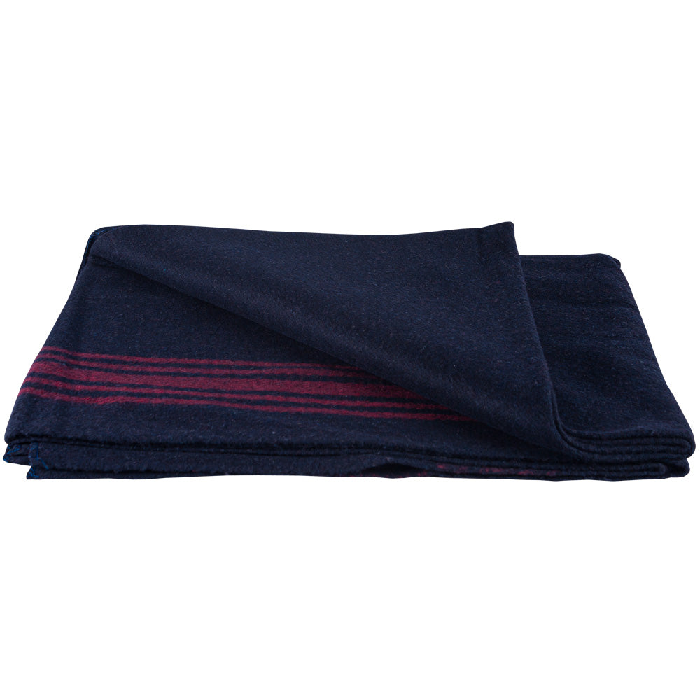 Red Striped Navy Wool Blanket with a folded corner.