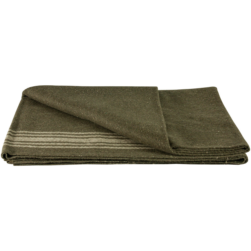 Khaki Striped Olive Drab Blanket with a folded corner.