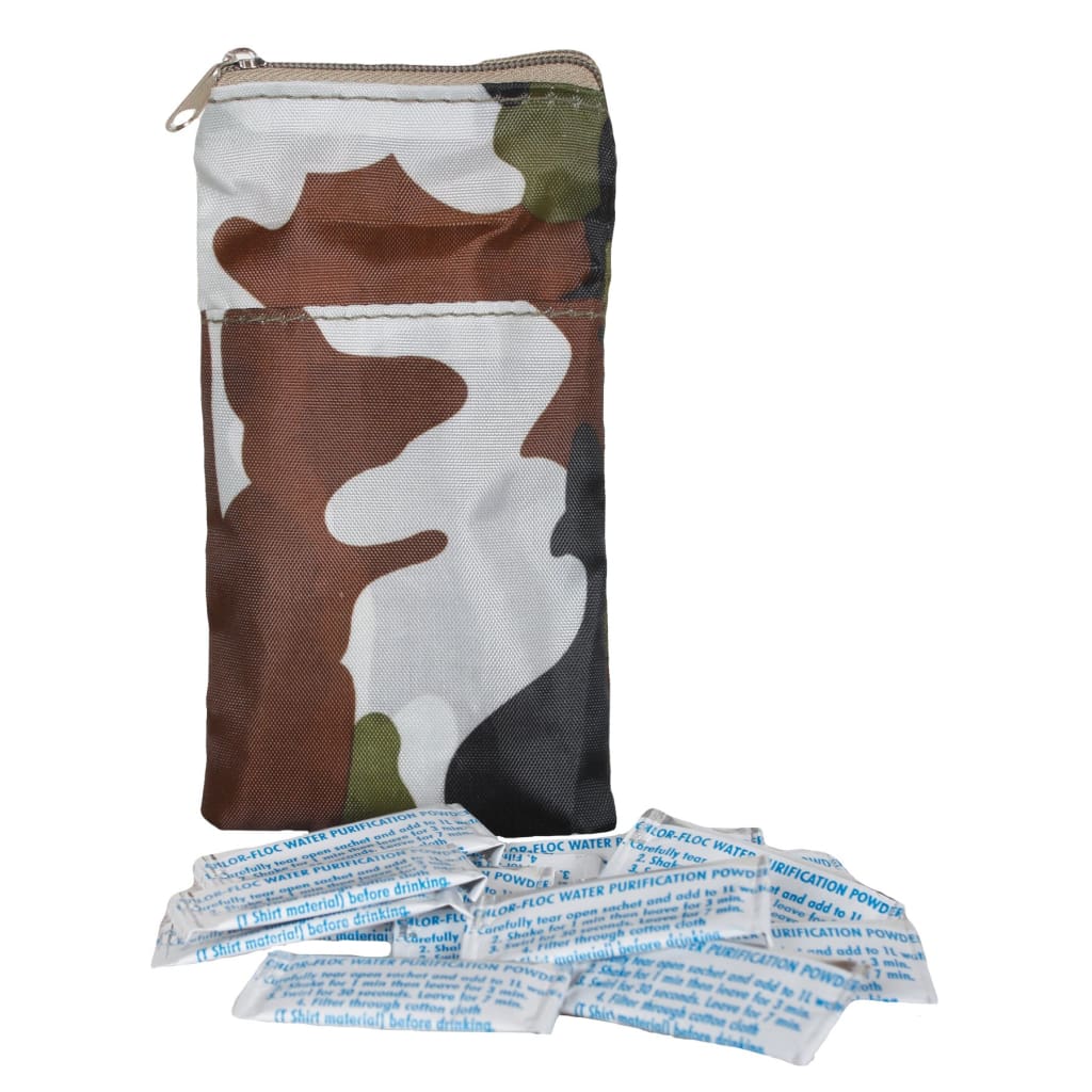 Chlor-Floc Water Purification pouch with tablets around it.