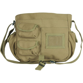 Messenger Bag with storm flap up showing pockets underneath.