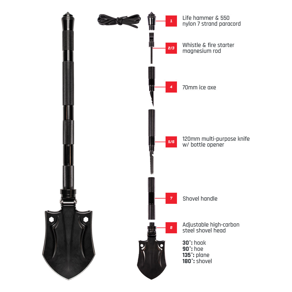 Chart detailing separate parts of shovel and its order of assembly starting from top of shaft. 1. Life Hammer and paracord. 2. Whistle. 3. Firestarter rod. 4. Ice axe. 5. Multipurpose knife. 6. Bottle opener. 7. Shovel handle. 8. Shovel head.  