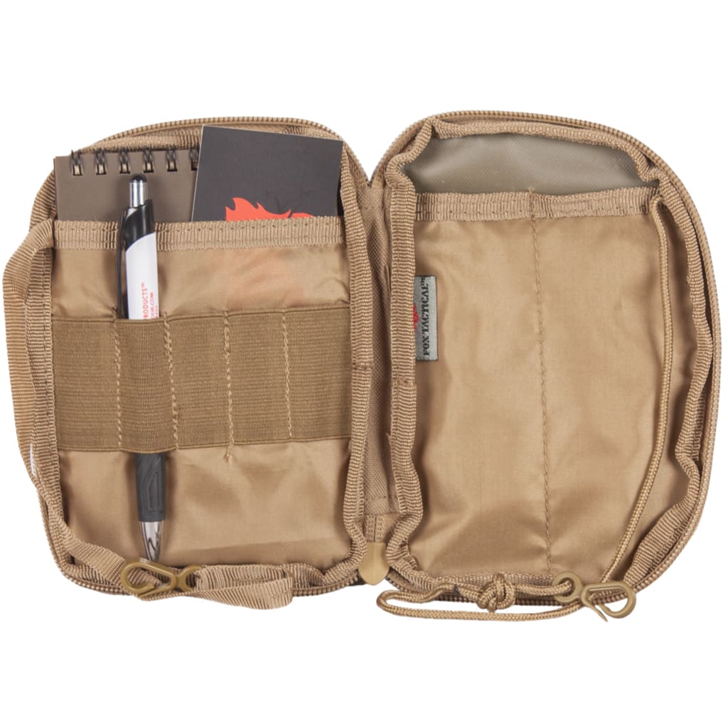 Interior of Tactical Wallet/Organizer with a Weatherproof Notebook, business card and pen inside.. 